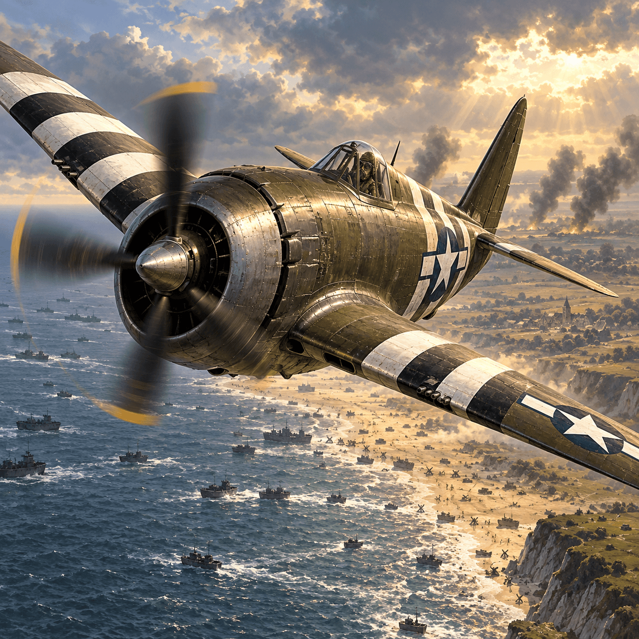 Thunderbolts key art — a P-47 Thunderbolt in black-and-white invasion stripes flying over landing craft off the Normandy coast