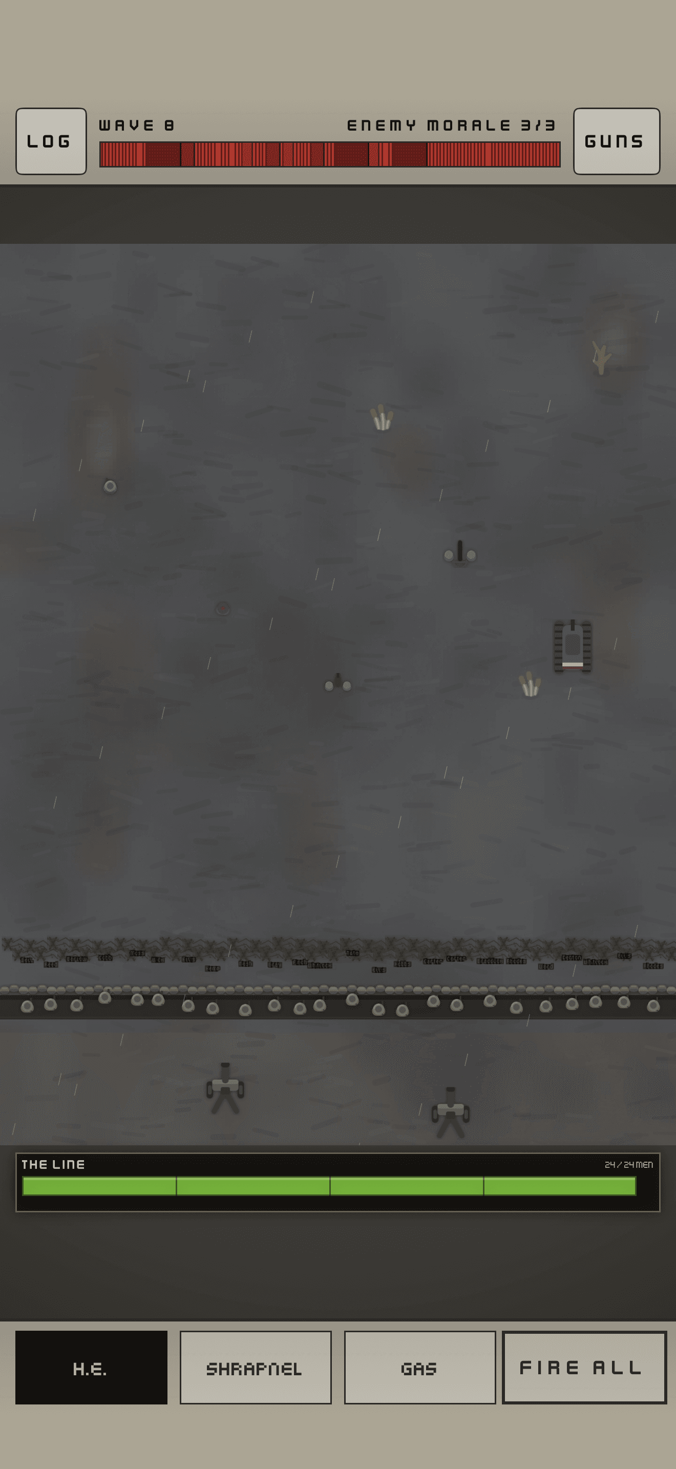 Later wave in rain on a grey, smoke-darkened field. Enemy morale is at three of three and the trench holds 24 of 24 men.