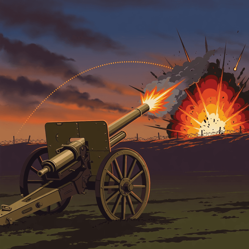Danger Close: WW1 app icon — a field gun firing at dusk above barbed-wire trenches